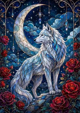 Moonlit Stained Glass Wolf