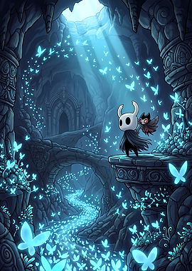 Hollow Knight and Hornet in a Cave