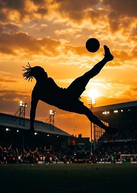 Soccer player bicycle kick at sunset