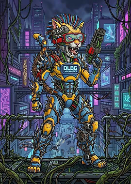 DLBG Cyberpunk #8 - Cybernetic Cat Warrior in Neon City