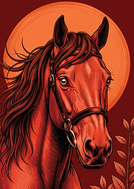 Red Horse Portrait with Orange Sun