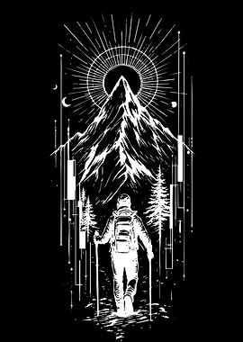 Hiker Ascending a Mountain Under a Celestial Sun