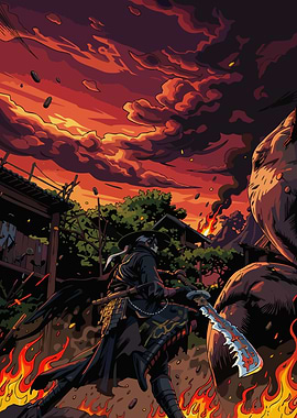 Samurai Warrior in Fiery Landscape