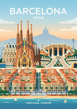 Barcelona Cityscape Travel Poster