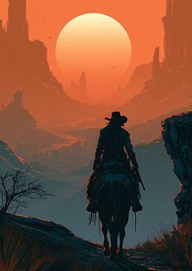 Cowboy Riding Horse at Sunset