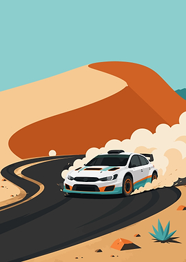 Rally Car Drifting in Desert Landscape