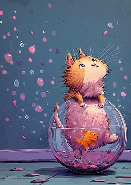 Cat and Goldfish in a Bowl