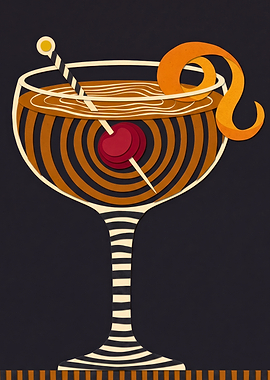 Retro Cocktail with Cherry and Orange Peel Illustration