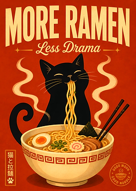 Black Cat Eating Ramen