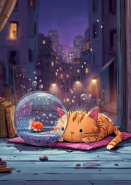 Cat Watching Goldfish in a Bowl