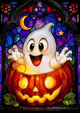Cute Ghost in a carved Halloween Pumpkin