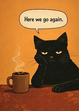 Black cat with coffee and speech bubble