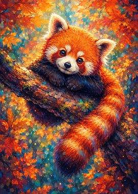 Cute Red Panda in Autumn Tree