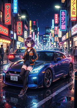 Anime Girl with Sports Car at Night City tokyo japan