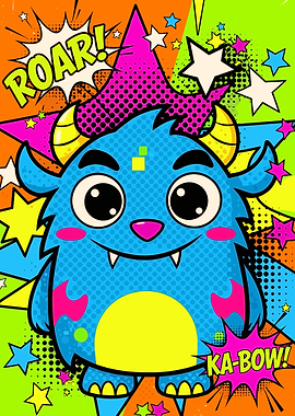 Cute Blue Monster with 'ROAR!' and 'KA-BOW!'