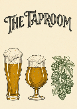 Beer Glasses and Hops Vintage Engraving