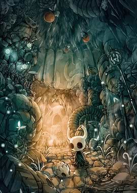 Hollow Knight in a dark cave