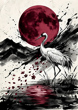 Red Moon Crane Painting