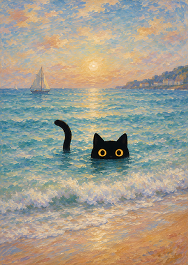 Black Cat Swimming in the Ocean