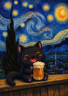 Black Cat Enjoying Beer Under Starry Night