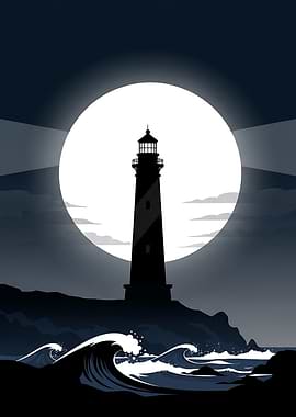 Lighthouse Moon Night Poster — Coastal Wall Art Stormy Ocean Silhouette Print