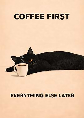 Black cat with coffee