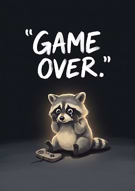 Game Over Raccoon Poster — Funny Gamer Wall Art Gaming Room Decor Gift for Gamers