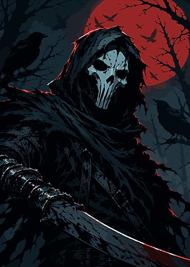 Grim Reaper with Crows and Red Moon