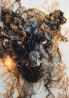Marble Black Panther Head with Gold