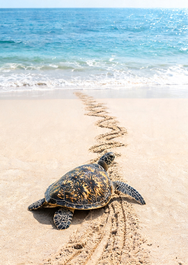 Sea Turtle on Sandy Sea Beach