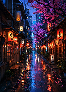 Rainy Japanese Alley with Cherry Blossoms