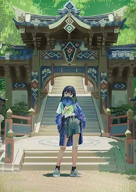 Anime Girl with Fan at Japanese Shrine