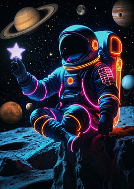 Astronaut Holding a Neon Star in Space