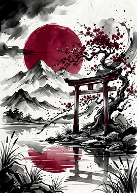 Japanese Torii Gate with Cherry Blossoms