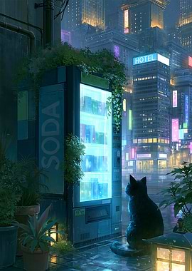 Black cat in a neon city