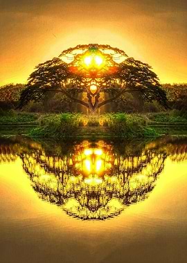 Symmetrical Tree Reflection at Sunset