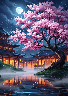 Moonlit Cherry Blossoms and Japanese Architecture