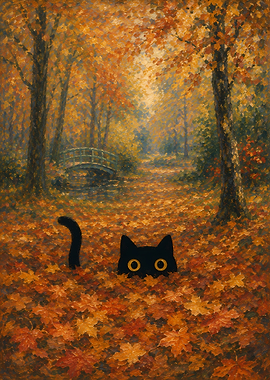 Black cat peeking from autumn leaves