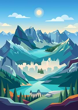 Stylized Mountain Landscape with City