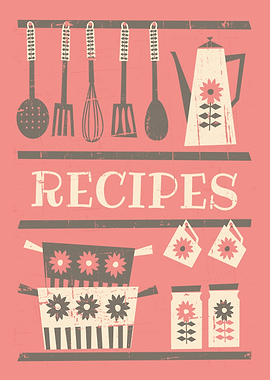 Retro Kitchen Utensils and Recipes Sign