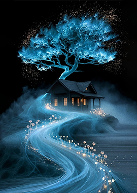 Enchanted Blue Forest Path to a House