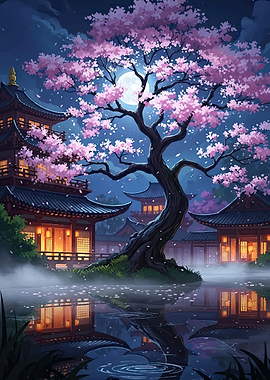 Enchanting Cherry Blossom Night Scene