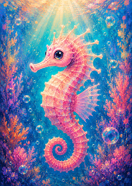 Pink Seahorse in Coral Reef
