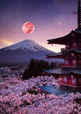 Mount Fuji with Pagoda and Cherry Blossoms