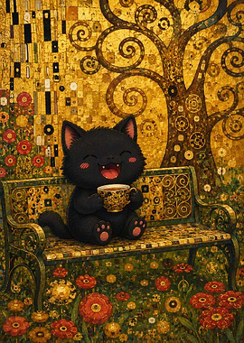 Cute Black Cat with Tea