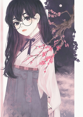 Anime Girl in Kimono with Cherry Blossoms
