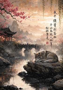 Wolf Sleeping by Cherry Blossoms