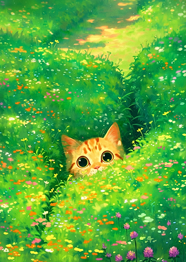 Cute Cat Peeking Through Flowers