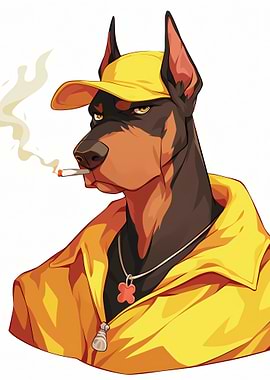 Doberman wearing a yellow cap and jacket