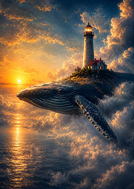 Whale carrying a lighthouse in the sky